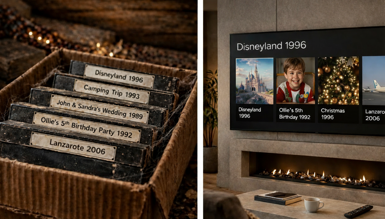 Collection of old, forgott VHS tapes. A modern television screen displaying the tapes digitised ready to watch again.